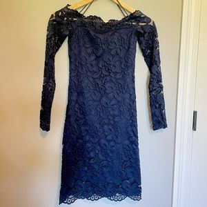 H&M off the shoulder lace dress in Navy Blue US2